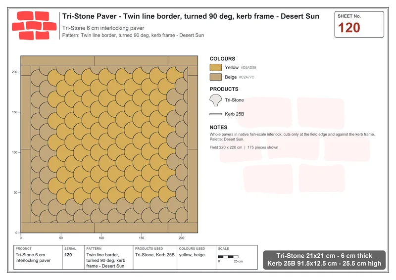 Interlock (Pasco) 21x21 cm · TRI-120 · Twin line border, turned 90 deg, kerb frame - Desert Sun · Laying plan
