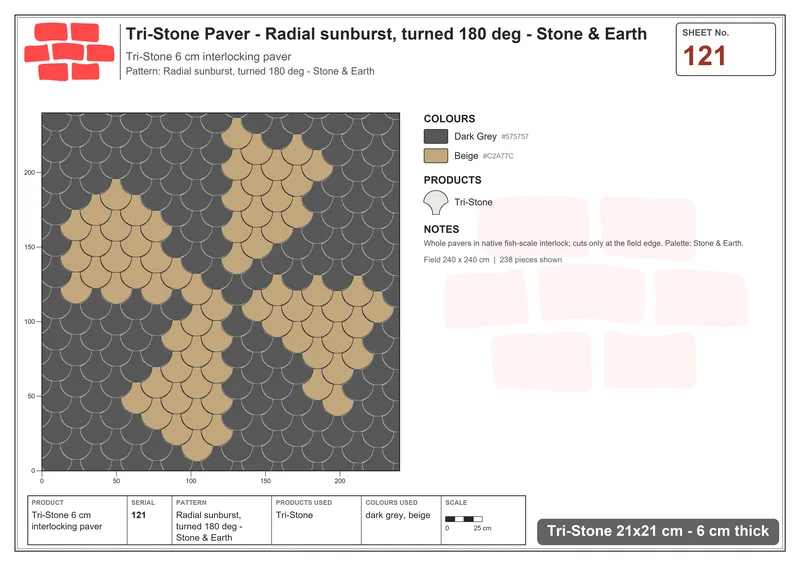 Interlock (Pasco) 21x21 cm · TRI-121 · Radial sunburst, turned 180 deg - Stone & Earth · Laying plan