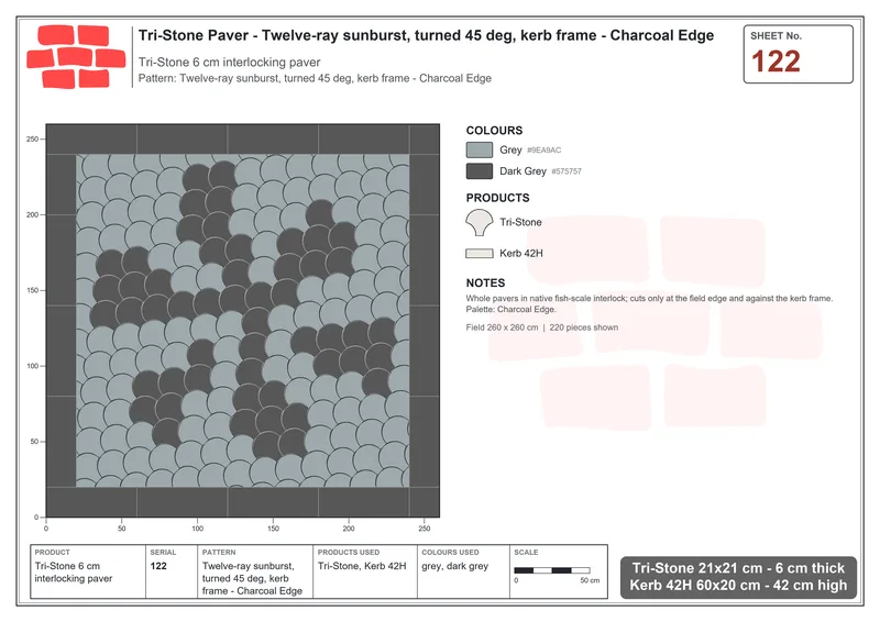 Interlock (Pasco) 21x21 cm · TRI-122 · Twelve-ray sunburst, turned 45 deg, kerb frame - Charcoal Edge · Laying plan