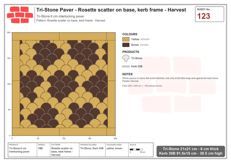 Interlock (Pasco) 21x21 cm · TRI-123 · Rosette scatter on base, kerb frame - Harvest · Laying plan