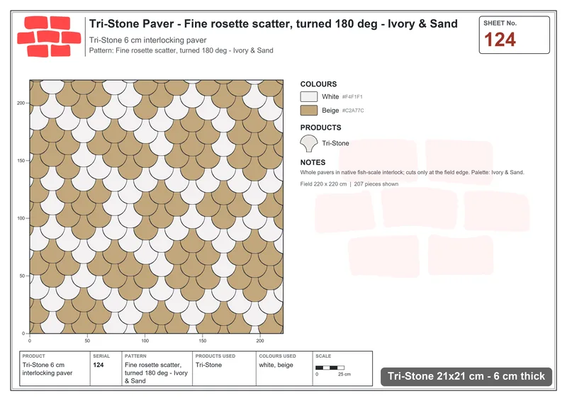 Interlock (Pasco) 21x21 cm · TRI-124 · Fine rosette scatter, turned 180 deg - Ivory & Sand · Laying plan