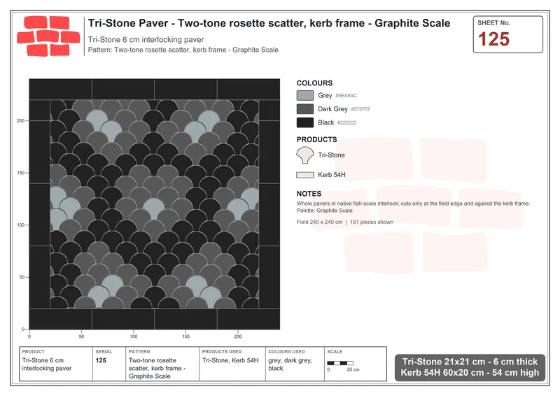 Interlock (Pasco) 21x21 cm · TRI-125 · Two-tone rosette scatter, kerb frame - Graphite Scale · Laying plan