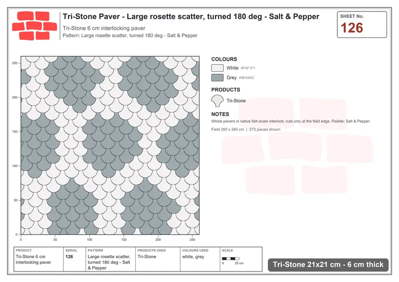 Interlock (Pasco) 21x21 cm · TRI-126 · Large rosette scatter, turned 180 deg - Salt & Pepper · Laying plan