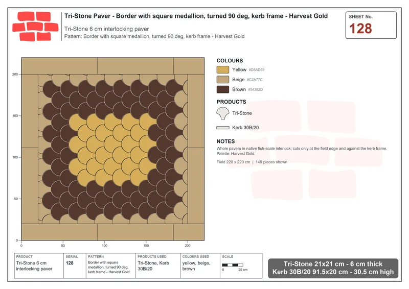 Interlock (Pasco) 21x21 cm · TRI-128 · Border with square medallion, turned 90 deg, kerb frame - Harvest Gold · Laying plan