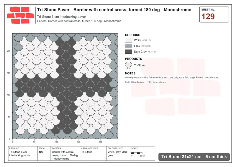 Interlock (Pasco) 21x21 cm · TRI-129 · Border with central cross, turned 180 deg - Monochrome · Laying plan