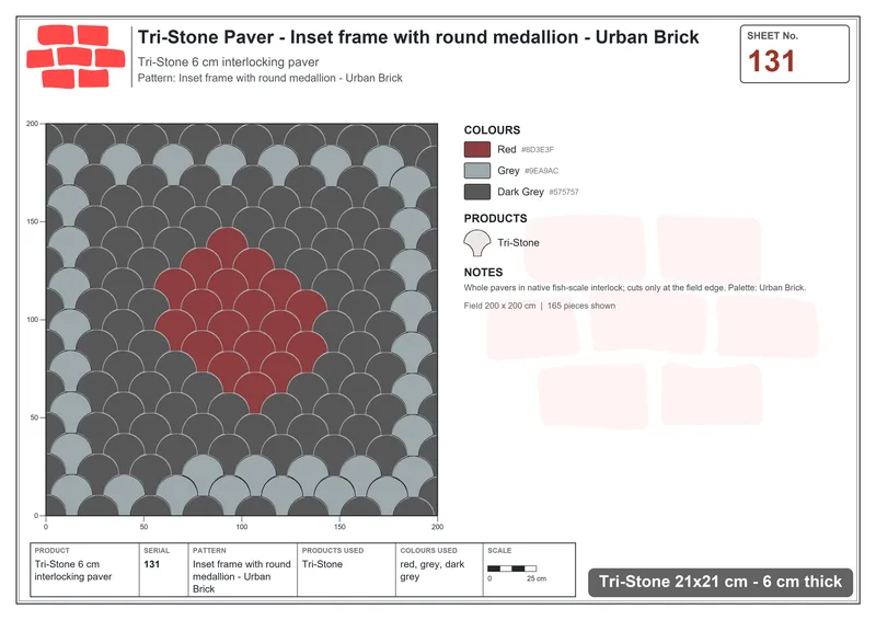 Interlock (Pasco) 21x21 cm · TRI-131 · Inset frame with round medallion - Urban Brick · Laying plan