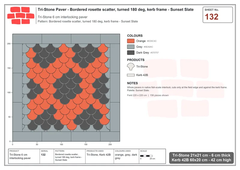 Interlock (Pasco) 21x21 cm · TRI-132 · Bordered rosette scatter, turned 180 deg, kerb frame - Sunset Slate · Laying plan