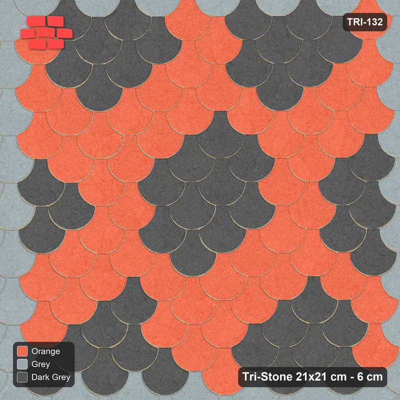 Interlock (Pasco) 21x21 cm · TRI-132 · Bordered rosette scatter, turned 180 deg, kerb frame - Sunset Slate · Top view Interlock (Pasco) 21x21 cm · TRI-132 · Bordered rosette scatter, turned 180 deg, kerb frame - Sunset Slate · Top view