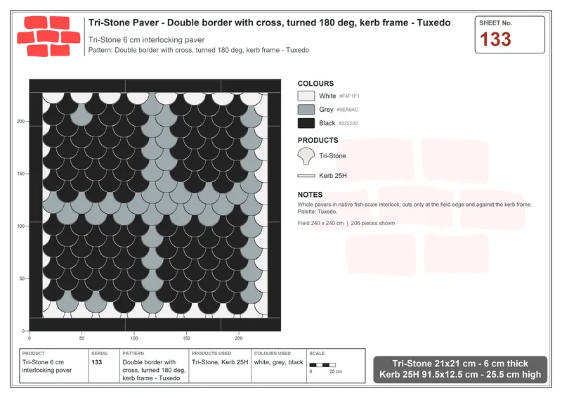 Interlock (Pasco) 21x21 cm · TRI-133 · Double border with cross, turned 180 deg, kerb frame - Tuxedo · Laying plan
