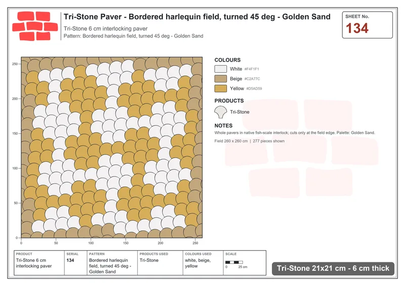 Interlock (Pasco) 21x21 cm · TRI-134 · Bordered harlequin field, turned 45 deg - Golden Sand · Laying plan