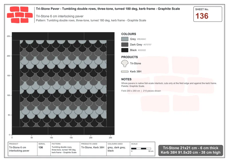 Interlock (Pasco) 21x21 cm · TRI-136 · Tumbling double rows, three-tone, turned 180 deg, kerb frame - Graphite Scale · Laying plan