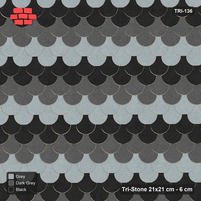 Interlock (Pasco) 21x21 cm · TRI-136 · Tumbling double rows, three-tone, turned 180 deg, kerb frame - Graphite Scale · Top view Interlock (Pasco) 21x21 cm · TRI-136 · Tumbling double rows, three-tone, turned 180 deg, kerb frame - Graphite Scale · Top view