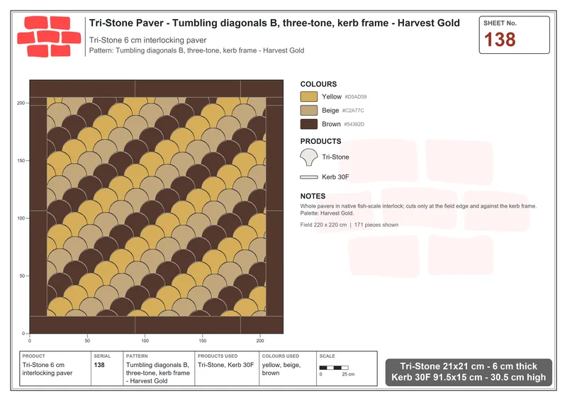 Interlock (Pasco) 21x21 cm · TRI-138 · Tumbling diagonals B, three-tone, kerb frame - Harvest Gold · Laying plan