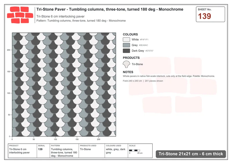 Interlock (Pasco) 21x21 cm · TRI-139 · Tumbling columns, three-tone, turned 180 deg - Monochrome · Laying plan