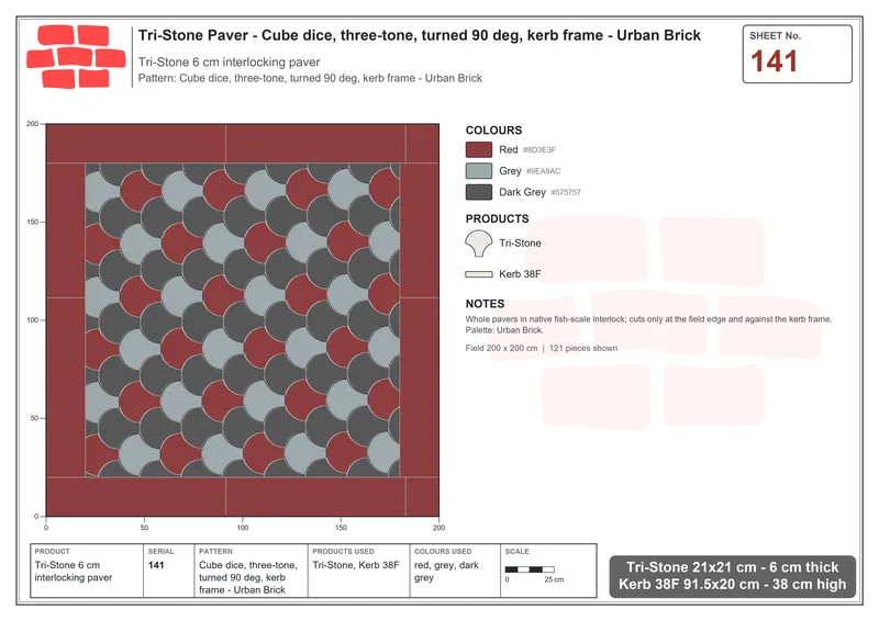 Interlock (Pasco) 21x21 cm · TRI-141 · Cube dice, three-tone, turned 90 deg, kerb frame - Urban Brick · Laying plan
