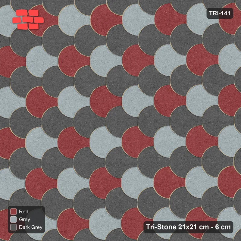 Interlock (Pasco) 21x21 cm · TRI-141 · Cube dice, three-tone, turned 90 deg, kerb frame - Urban Brick · Top view Interlock (Pasco) 21x21 cm · TRI-141 · Cube dice, three-tone, turned 90 deg, kerb frame - Urban Brick · Top view