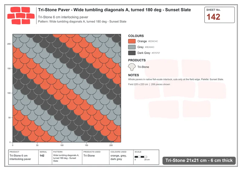 Interlock (Pasco) 21x21 cm · TRI-142 · Wide tumbling diagonals A, turned 180 deg - Sunset Slate · Laying plan