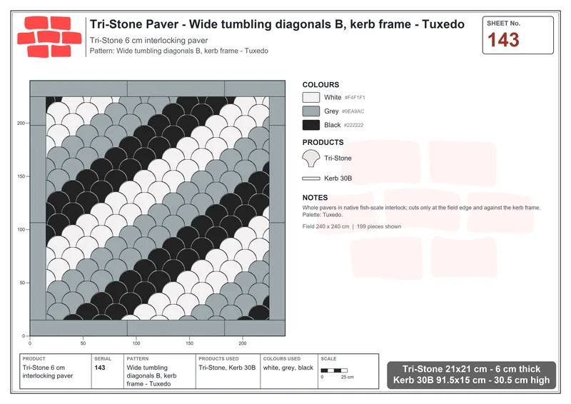 Interlock (Pasco) 21x21 cm · TRI-143 · Wide tumbling diagonals B, kerb frame - Tuxedo · Laying plan