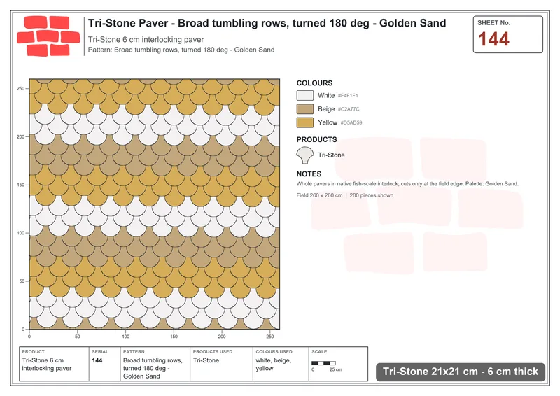 Interlock (Pasco) 21x21 cm · TRI-144 · Broad tumbling rows, turned 180 deg - Golden Sand · Laying plan
