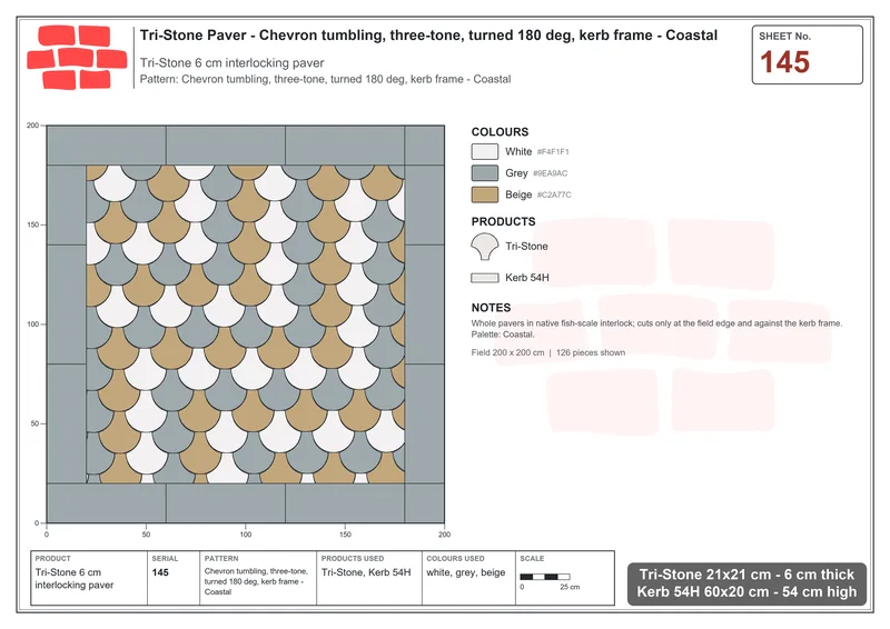 Interlock (Pasco) 21x21 cm · TRI-145 · Chevron tumbling, three-tone, turned 180 deg, kerb frame - Coastal · Laying plan
