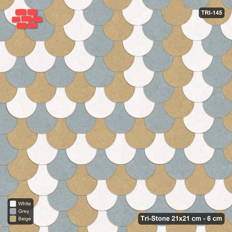 Interlock (Pasco) 21x21 cm · TRI-145 · Chevron tumbling, three-tone, turned 180 deg, kerb frame - Coastal · Top view Interlock (Pasco) 21x21 cm · TRI-145 · Chevron tumbling, three-tone, turned 180 deg, kerb frame - Coastal · Top view