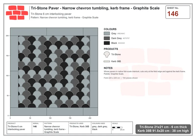 Interlock (Pasco) 21x21 cm · TRI-146 · Narrow chevron tumbling, kerb frame - Graphite Scale · Laying plan