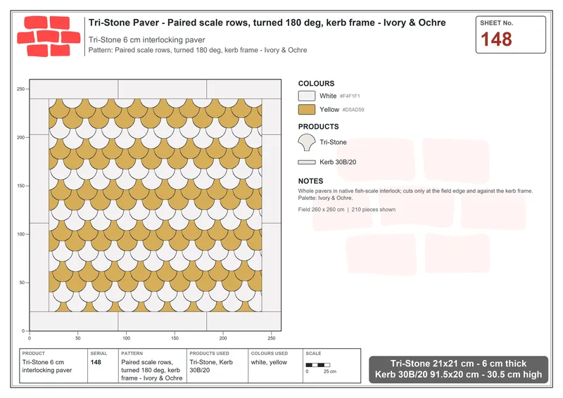 Interlock (Pasco) 21x21 cm · TRI-148 · Paired scale rows, turned 180 deg, kerb frame - Ivory & Ochre · Laying plan