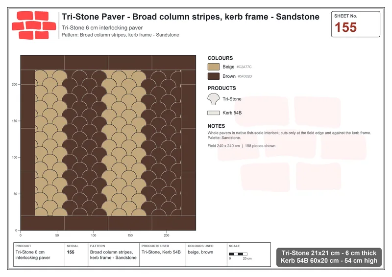 Interlock (Pasco) 21x21 cm · TRI-155 · Broad column stripes, kerb frame - Sandstone · Laying plan