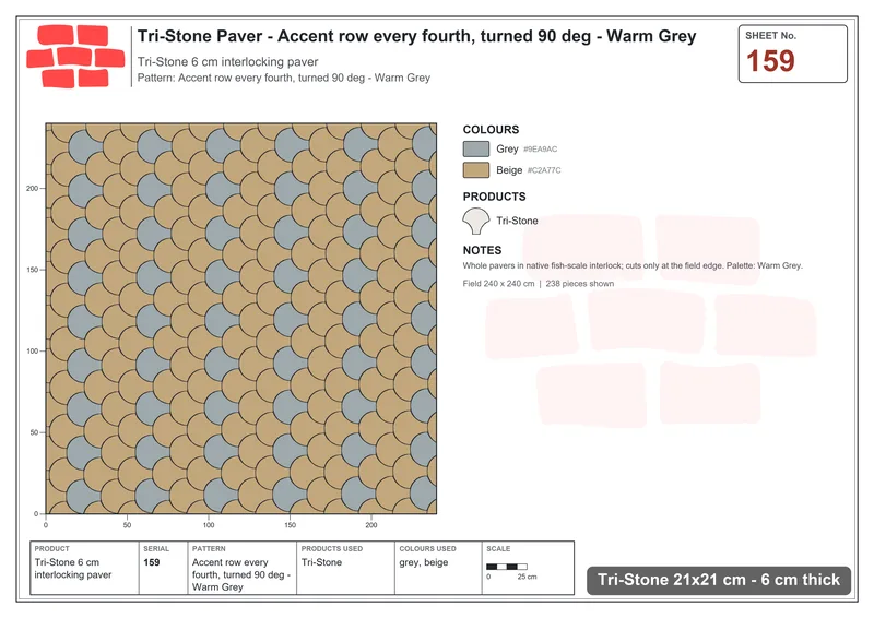 Interlock (Pasco) 21x21 cm · TRI-159 · Accent row every fourth, turned 90 deg - Warm Grey · Laying plan