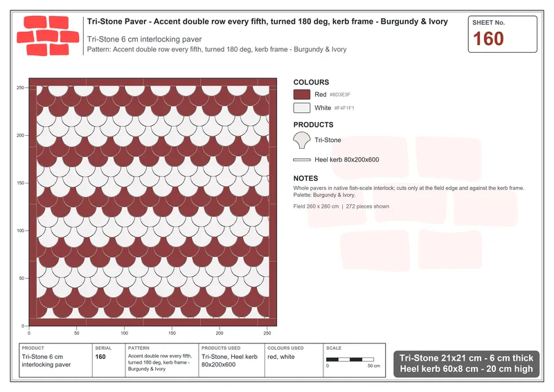 Interlock (Pasco) 21x21 cm · TRI-160 · Accent double row every fifth, turned 180 deg, kerb frame - Burgundy & Ivory · Laying plan