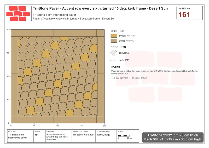 Interlock (Pasco) 21x21 cm · TRI-161 · Accent row every sixth, turned 45 deg, kerb frame - Desert Sun · Laying plan