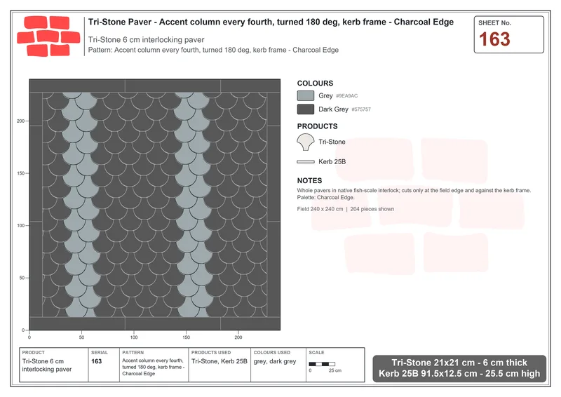 Interlock (Pasco) 21x21 cm · TRI-163 · Accent column every fourth, turned 180 deg, kerb frame - Charcoal Edge · Laying plan