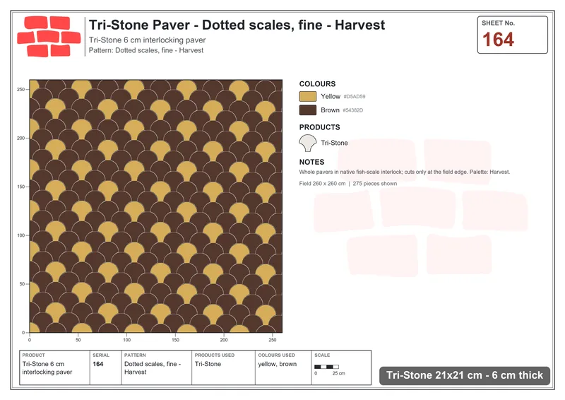 Interlock (Pasco) 21x21 cm · TRI-164 · Dotted scales, fine - Harvest · Laying plan