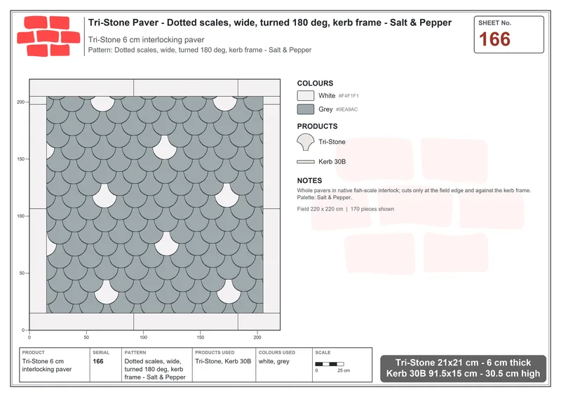 Interlock (Pasco) 21x21 cm · TRI-166 · Dotted scales, wide, turned 180 deg, kerb frame - Salt & Pepper · Laying plan