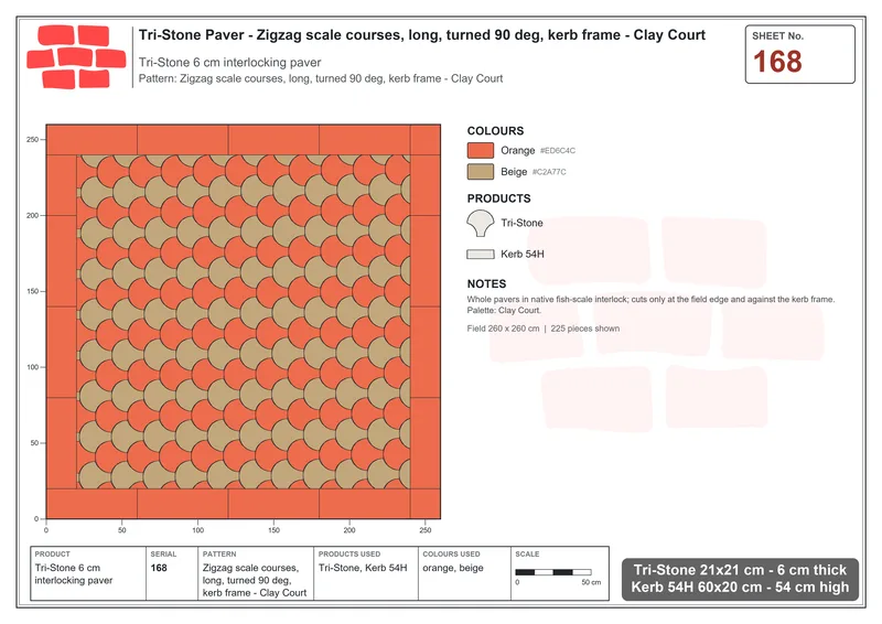 Interlock (Pasco) 21x21 cm · TRI-168 · Zigzag scale courses, long, turned 90 deg, kerb frame - Clay Court · Laying plan
