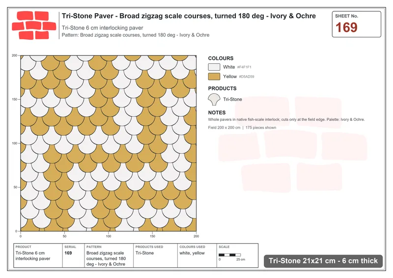 Interlock (Pasco) 21x21 cm · TRI-169 · Broad zigzag scale courses, turned 180 deg - Ivory & Ochre · Laying plan