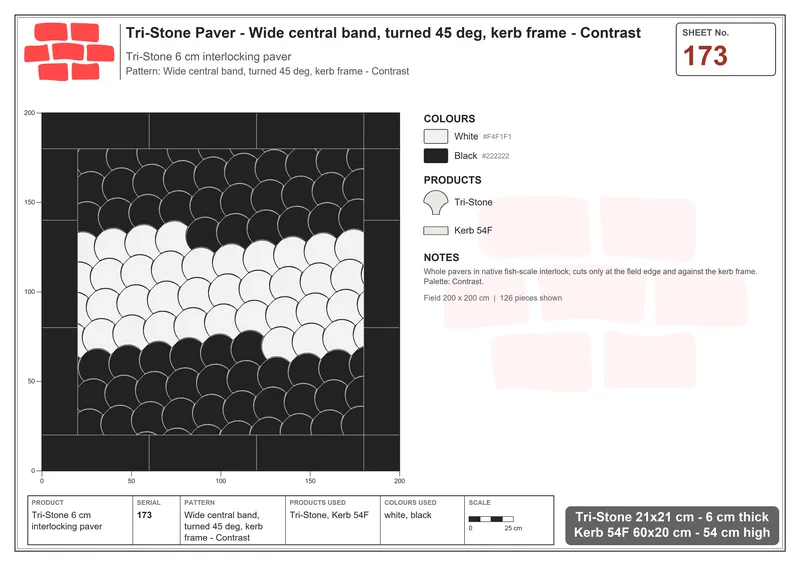 Interlock (Pasco) 21x21 cm · TRI-173 · Wide central band, turned 45 deg, kerb frame - Contrast · Laying plan