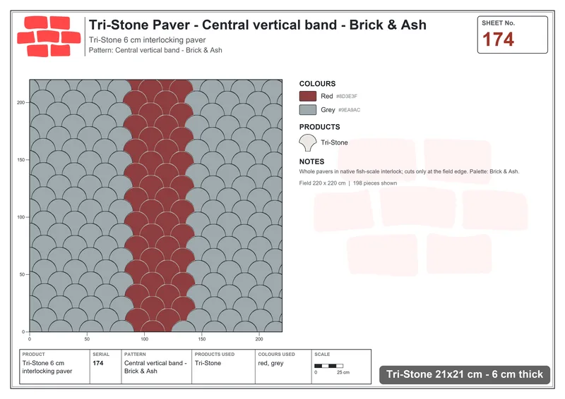 Interlock (Pasco) 21x21 cm · TRI-174 · Central vertical band - Brick & Ash · Laying plan