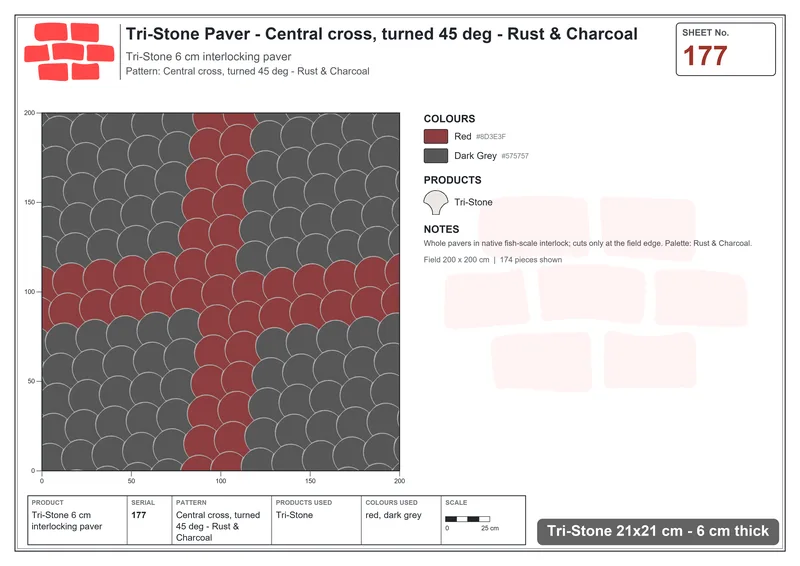 Interlock (Pasco) 21x21 cm · TRI-177 · Central cross, turned 45 deg - Rust & Charcoal · Laying plan