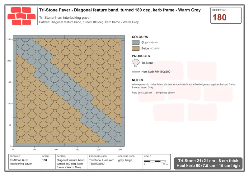 Interlock (Pasco) 21x21 cm · TRI-180 · Diagonal feature band, turned 180 deg, kerb frame - Warm Grey · Laying plan