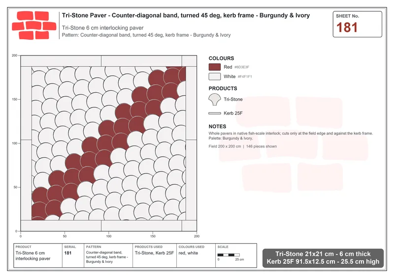 Interlock (Pasco) 21x21 cm · TRI-181 · Counter-diagonal band, turned 45 deg, kerb frame - Burgundy & Ivory · Laying plan