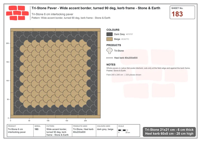 Interlock (Pasco) 21x21 cm · TRI-183 · Wide accent border, turned 90 deg, kerb frame - Stone & Earth · Laying plan