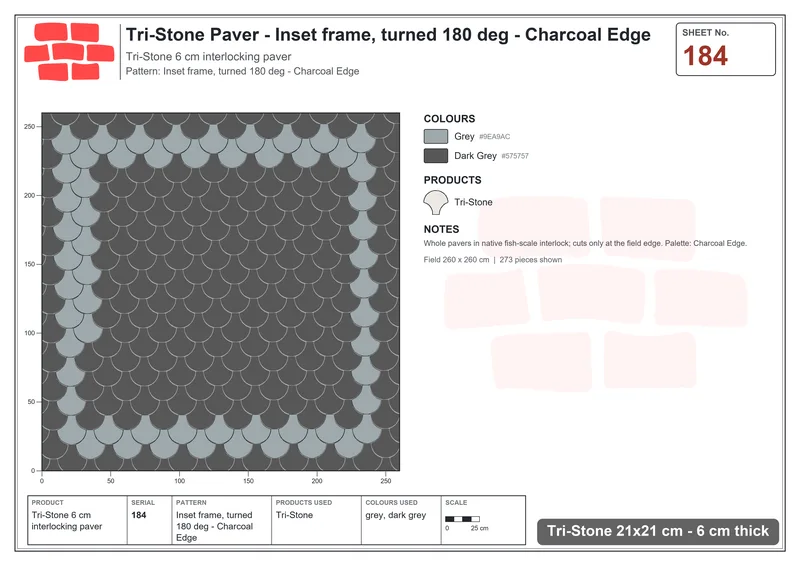 Interlock (Pasco) 21x21 cm · TRI-184 · Inset frame, turned 180 deg - Charcoal Edge · Laying plan