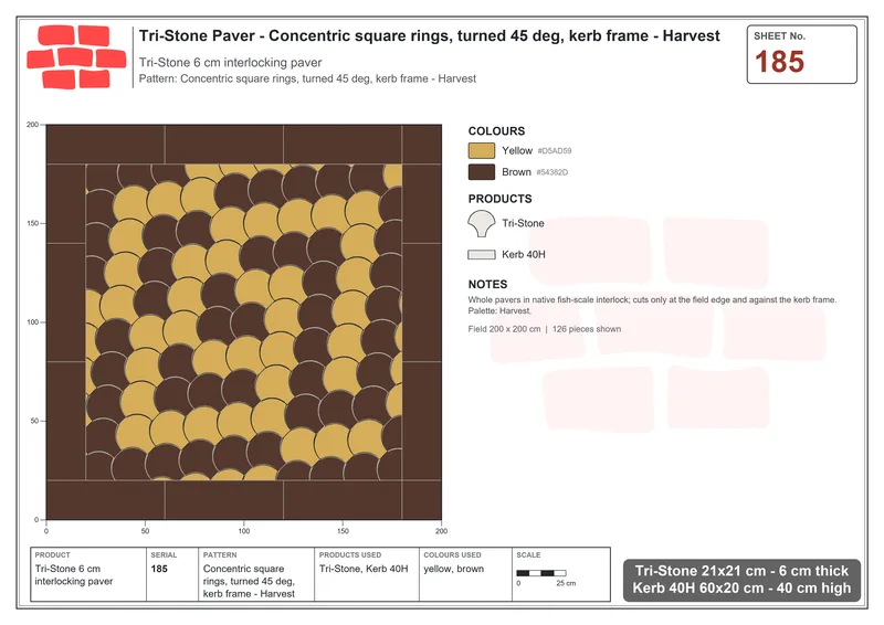 Interlock (Pasco) 21x21 cm · TRI-185 · Concentric square rings, turned 45 deg, kerb frame - Harvest · Laying plan