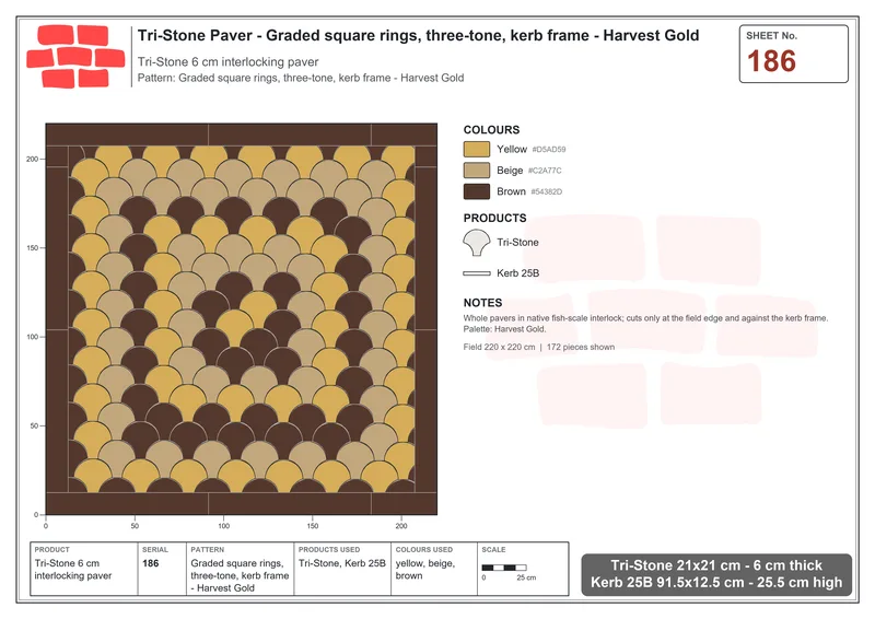 Interlock (Pasco) 21x21 cm · TRI-186 · Graded square rings, three-tone, kerb frame - Harvest Gold · Laying plan