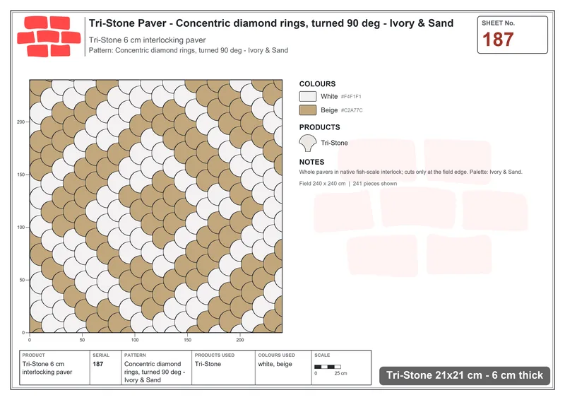 Interlock (Pasco) 21x21 cm · TRI-187 · Concentric diamond rings, turned 90 deg - Ivory & Sand · Laying plan