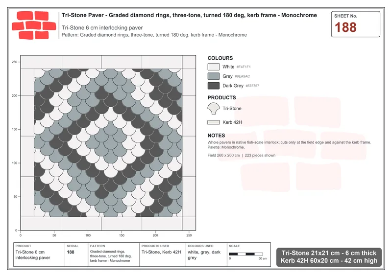 Interlock (Pasco) 21x21 cm · TRI-188 · Graded diamond rings, three-tone, turned 180 deg, kerb frame - Monochrome · Laying plan