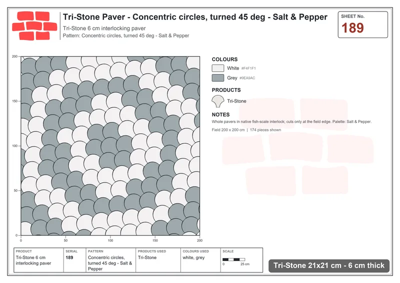 Interlock (Pasco) 21x21 cm · TRI-189 · Concentric circles, turned 45 deg - Salt & Pepper · Laying plan