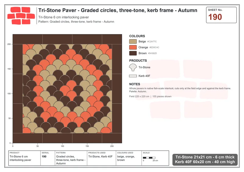 Interlock (Pasco) 21x21 cm · TRI-190 · Graded circles, three-tone, kerb frame - Autumn · Laying plan