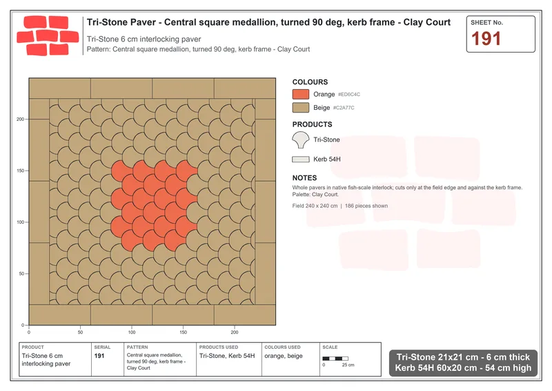 Interlock (Pasco) 21x21 cm · TRI-191 · Central square medallion, turned 90 deg, kerb frame - Clay Court · Laying plan